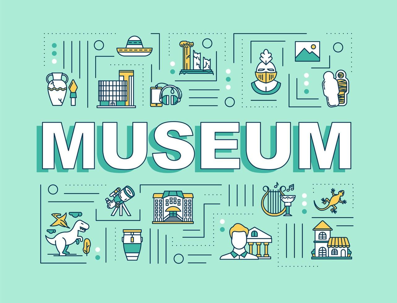 Museum word concepts banner. Historic exhibition and artifact exposition. Display gallery. Infographics with linear icons on green background. Isolated typography. Vector outline illustration