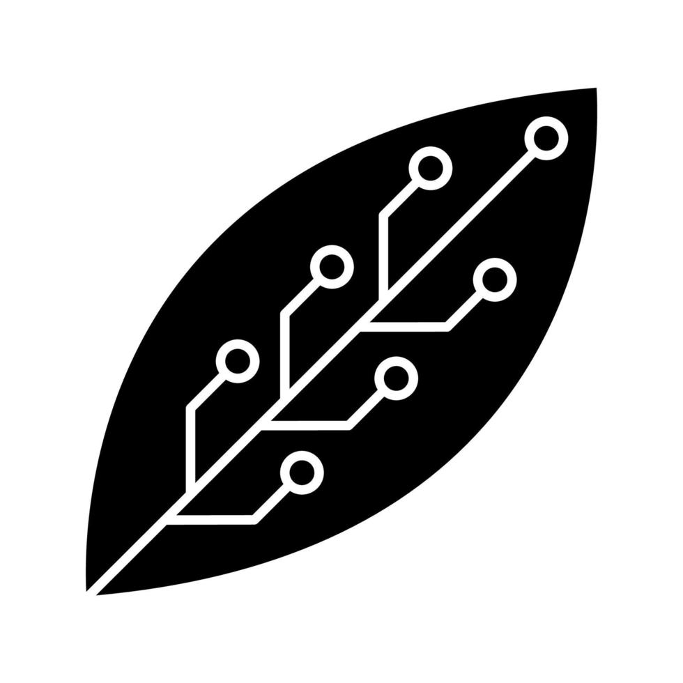 Leaf with microchip glyph icon. Smart agriculture. Green information technology. Organic chemistry. Biotechnology development. Silhouette symbol. Negative space. Vector isolated illustration