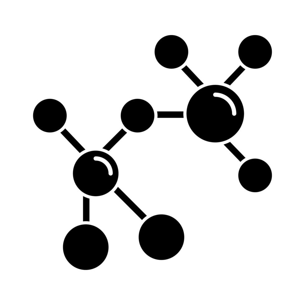 Atom modeling glyph icon. Crystal structure visualization. Molecular ball and stick model. Organic chemistry elements. Silhouette symbol. Negative space. Vector isolated illustration