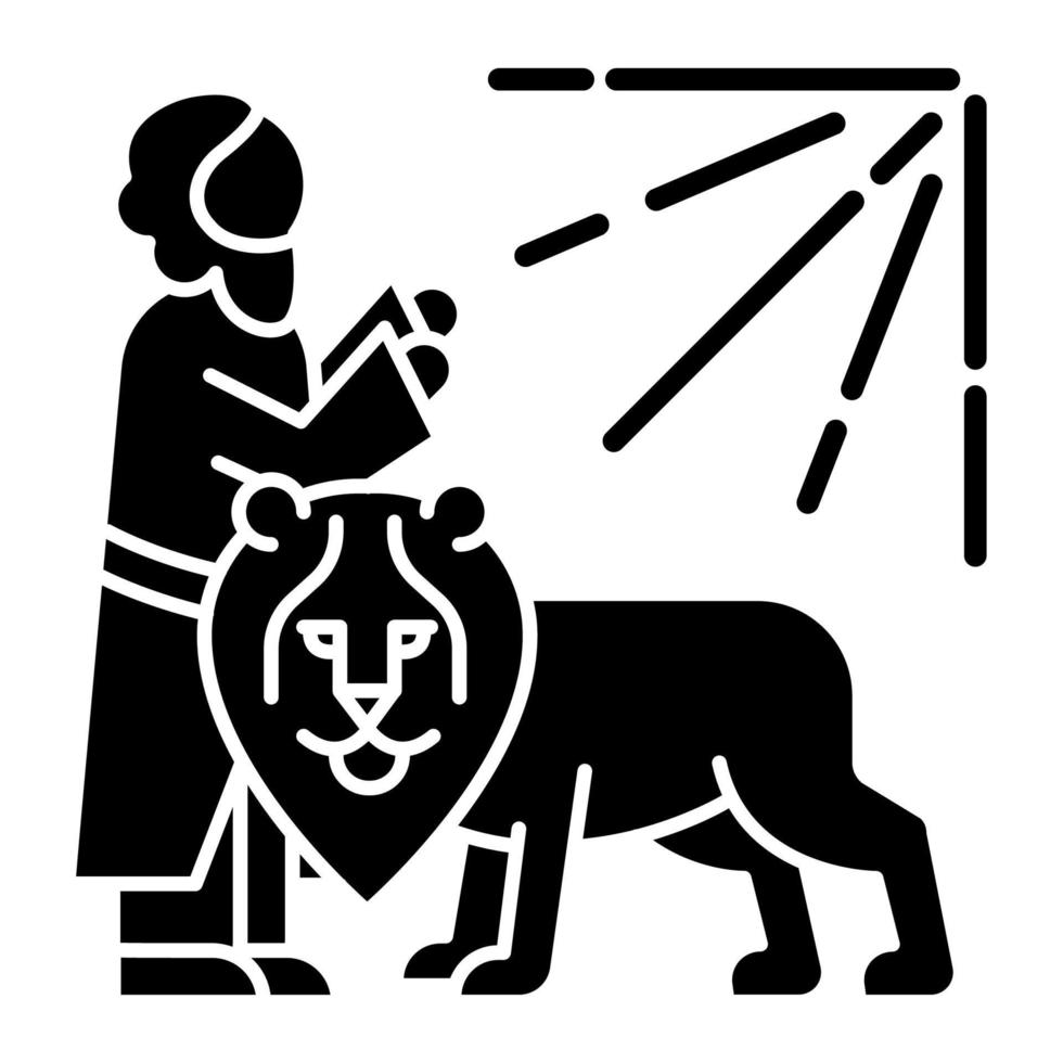 Daniel in lion den Bible story glyph icon. Legendary hero praying. Religious legend. Christian religion. Biblical narrative. Silhouette symbol. Negative space. Vector isolated illustration