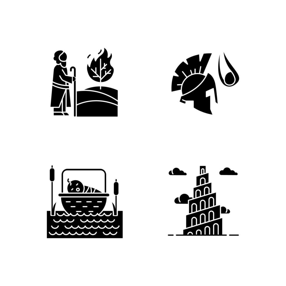 Bible narratives glyph icons set. The birth of Moses, David and Goliath, Babel tower myths. Religious legends. Christian religion, holy book scenes. Silhouette symbols. Vector isolated illustration