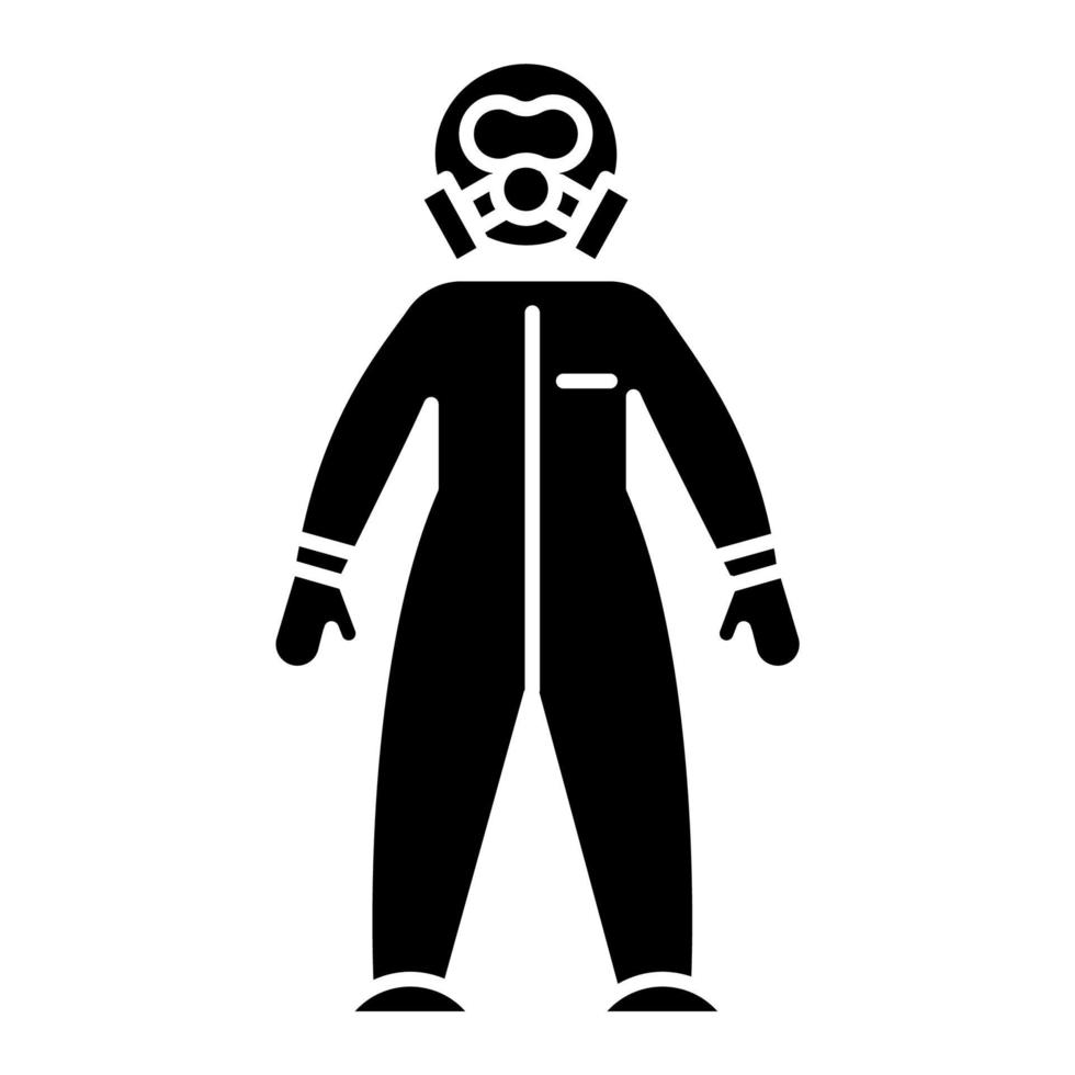 Protective suit glyph icon. Chemical industries. Biohazard, radioactive protection. Safety of worker. Organic chemistry. Silhouette symbol. Negative space. Vector isolated illustration