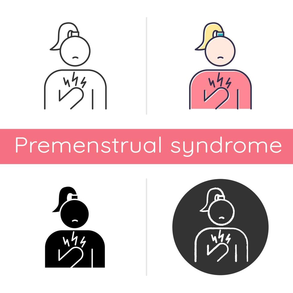 Chest pain icon. Stressed girl. Anxious woman. Heart attack. Palpitation. Sickness and illness. Predmenstrual syndrome symptom. Flat design, linear and color styles. Isolated vector illustrations