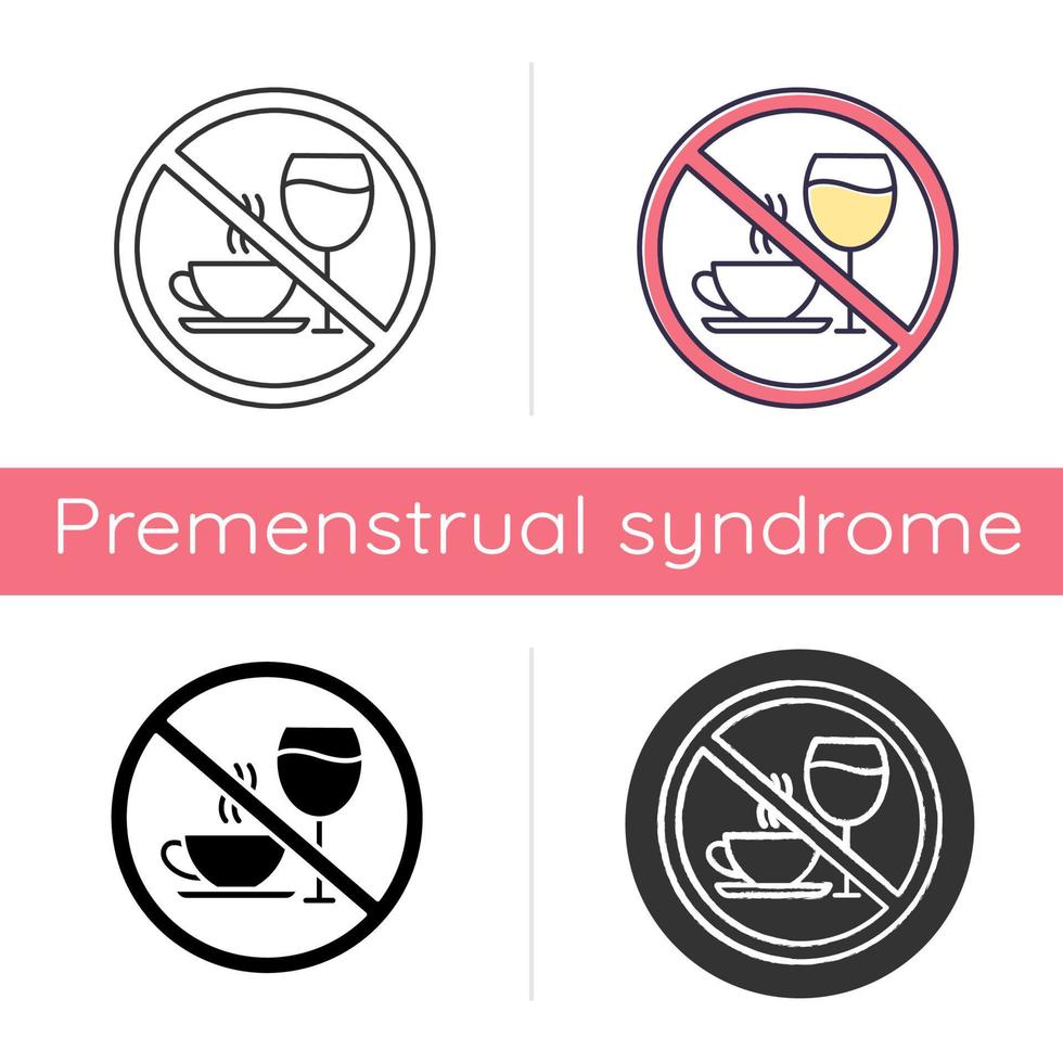 Caffeine and alcohol refusal icon. Deny wine and coffee. No unhealthy habits. Anxiety and insomnia prevention. Self-efficacy. Flat design, linear and color styles. Isolated vector illustrations