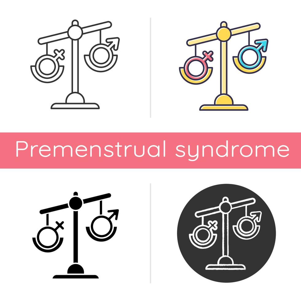 Hormone imbalance icon. Female and male gender sign on scale. Disbalance in testosterone and estrogen. Sexism and inequality. Flat design, linear and color styles. Isolated vector illustrations