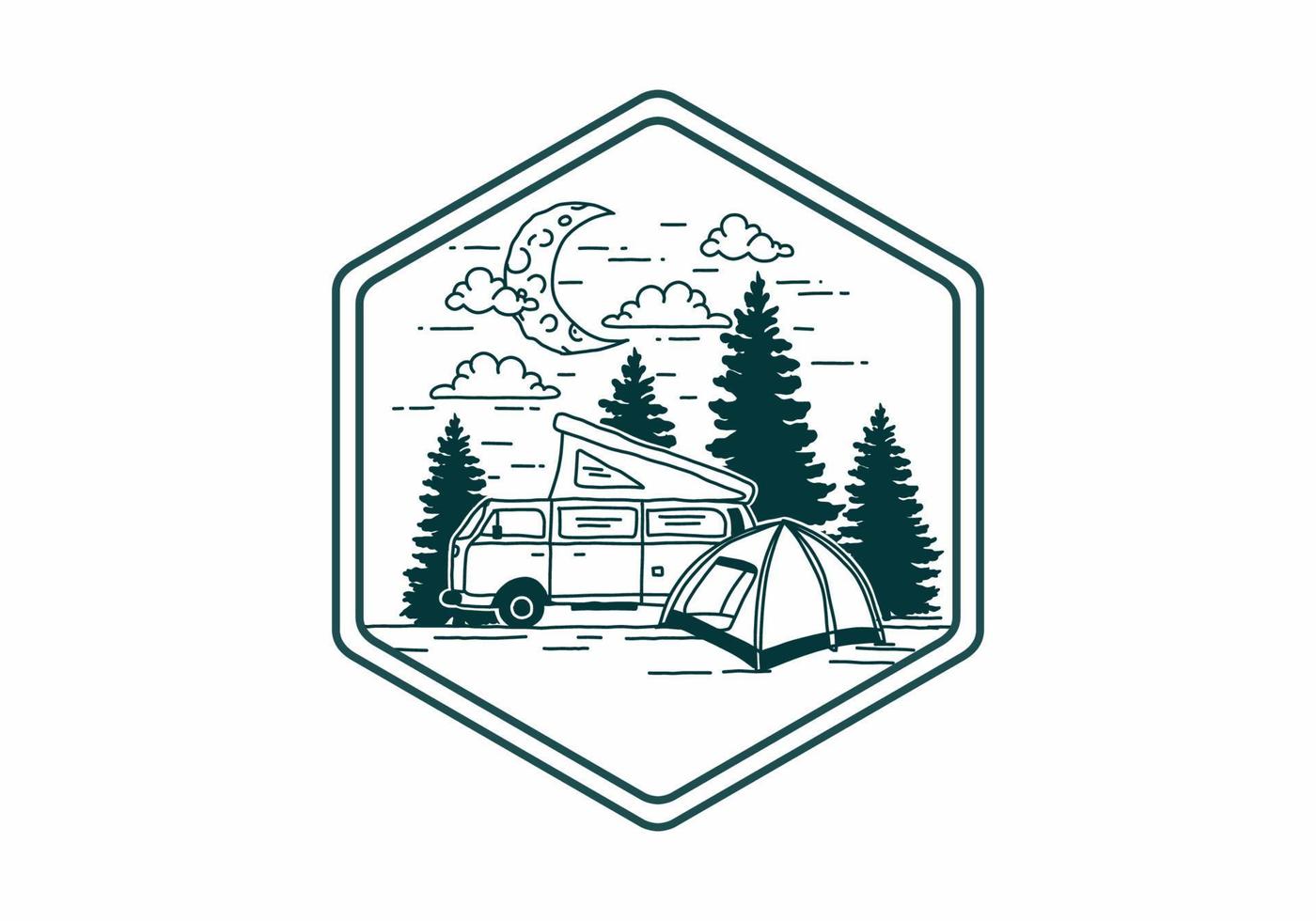 Half moon camping with campervan illustration vector
