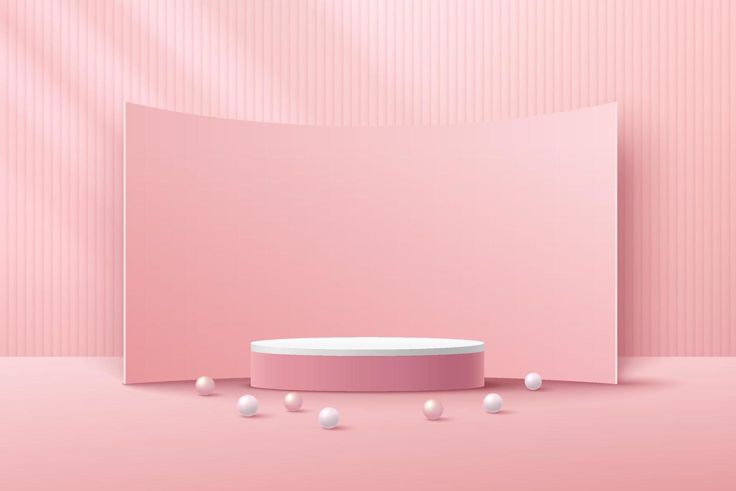 Abstract white cylinder pedestal podium, Light pink empty room, Vertical stripes pattern, Curve backdrop. Vector rendering 3d shape, Product display presentation. Pastel room minimal wall scene.