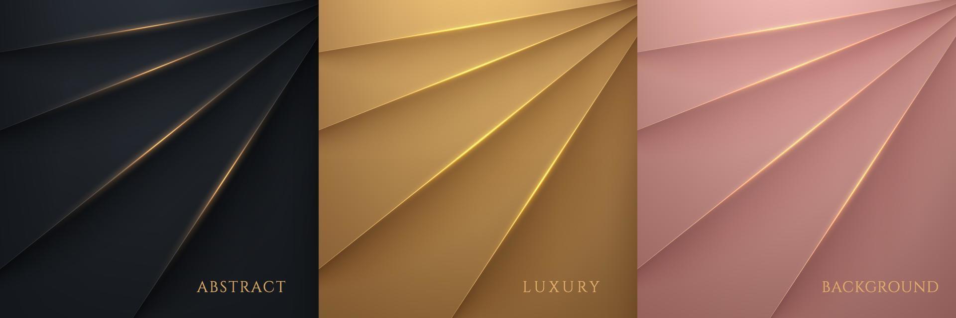 Set of elegant black, gold, pink gold metallic glossy background, Overlapping layer with shadow with gold line luxury style. You can use for template brochure, poster, banner web. Vector illustration