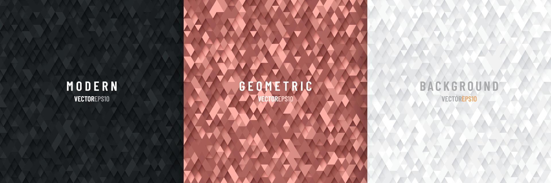 Set of abstract seamless black, white, pink gold triangle 3D pattern background. Modern luxury geometric texture collection design. Vector illustration