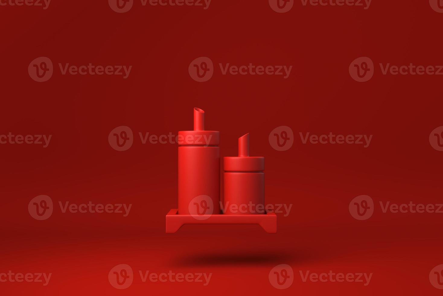 Red Condiment bottles floating in Red background. minimal concept idea creative. monochrome. 3D render. photo