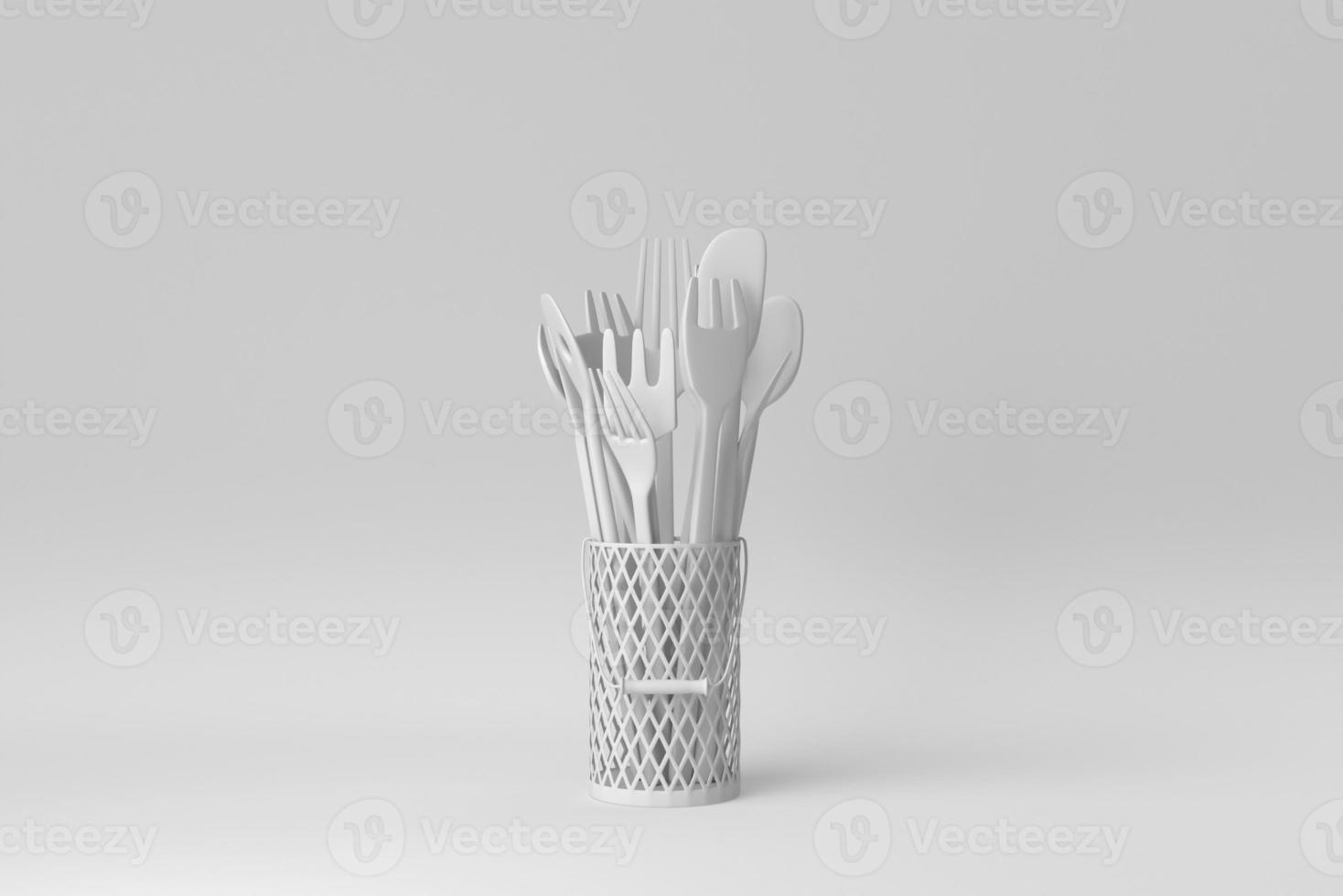 Stainless steel cutlery Holder with wooden spoons and forks on white background. minimal concept. 3D render. photo