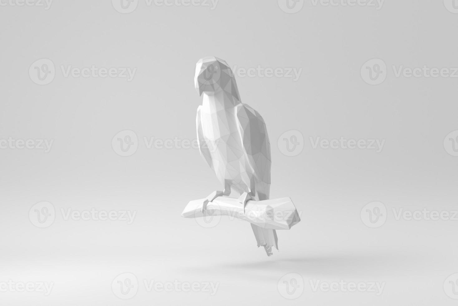 Abstract polygon parrot. Bird sitting on the branch in white background. Design Template, Mock up. 3D render. photo