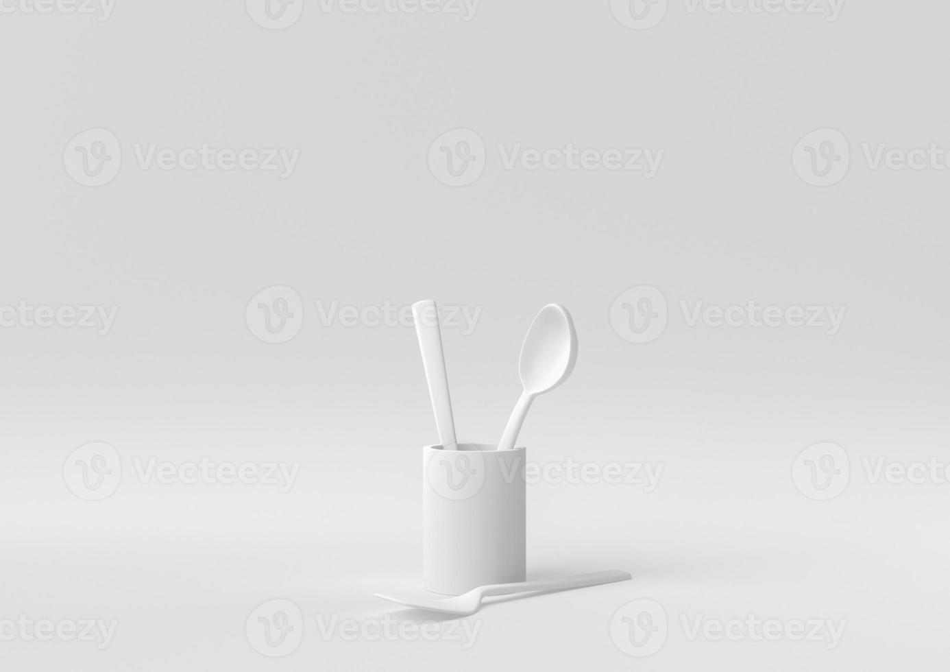 White Kitchen utensils and baking ingredients floating in white background. minimal concept idea creative. monochrome. 3D render. photo