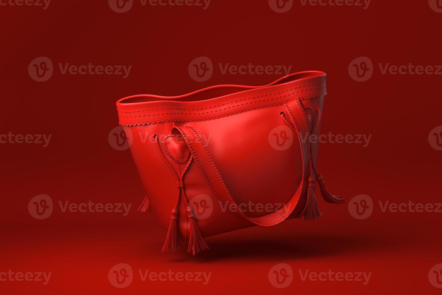 bolso rojo mujer accesorios de moda flotando en fondo rojo. idea de concepto mínimo creativo. procesamiento 3d foto