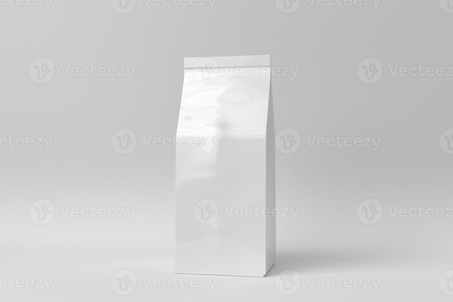 White Blank Foil Food Doy Pack on white background. minimal concept. Pouch Bag Packaging. 3D render. photo