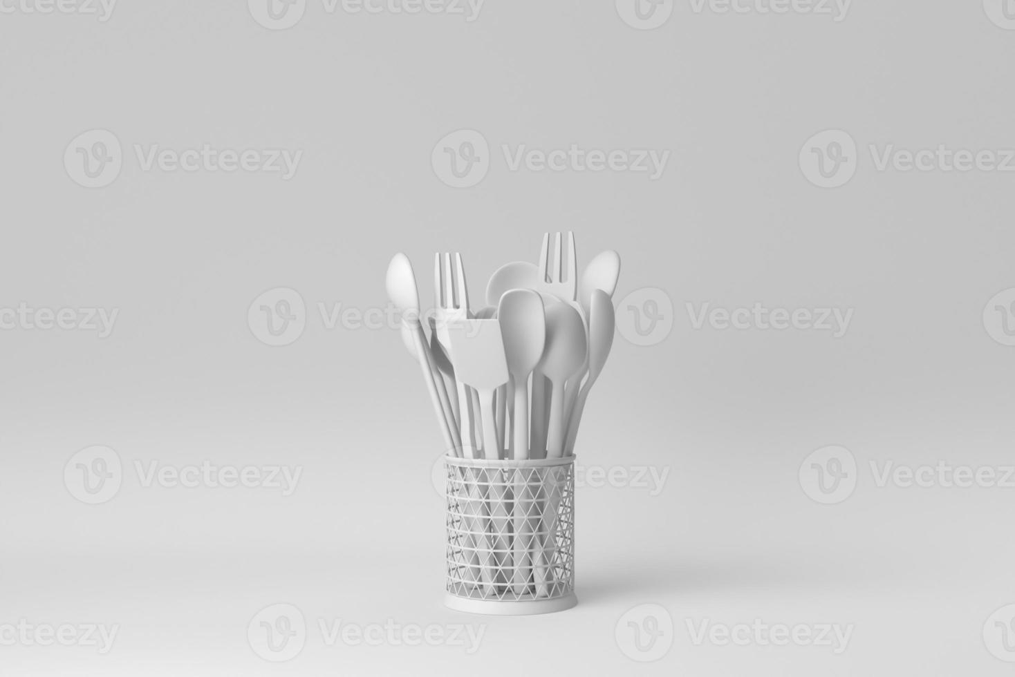 Stainless steel cutlery Holder with wooden spoons and forks on white background. minimal concept. 3D render. photo