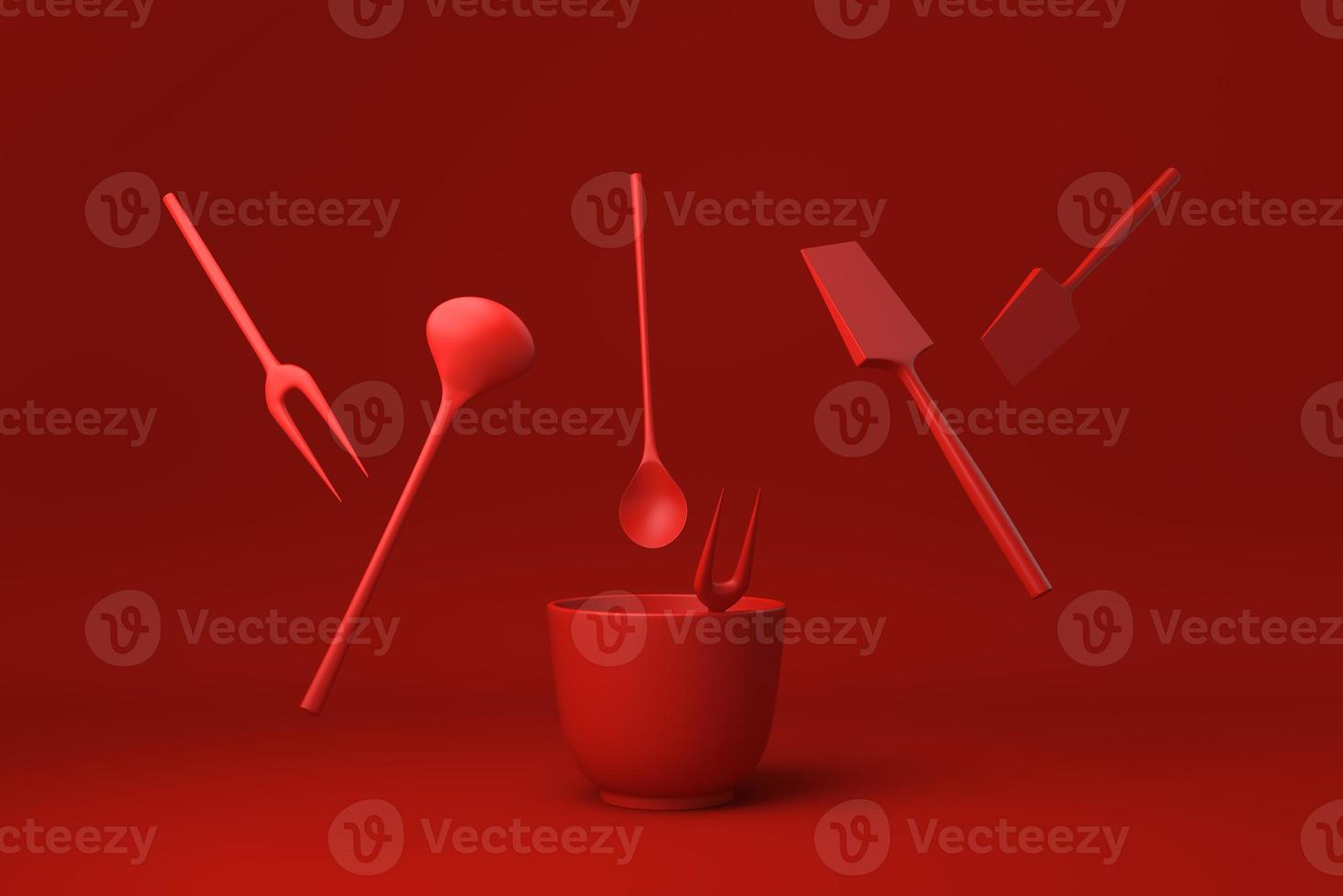 Red Kitchen utensils and baking ingredients floating in Red background. minimal concept idea creative. monochrome. 3D render. photo