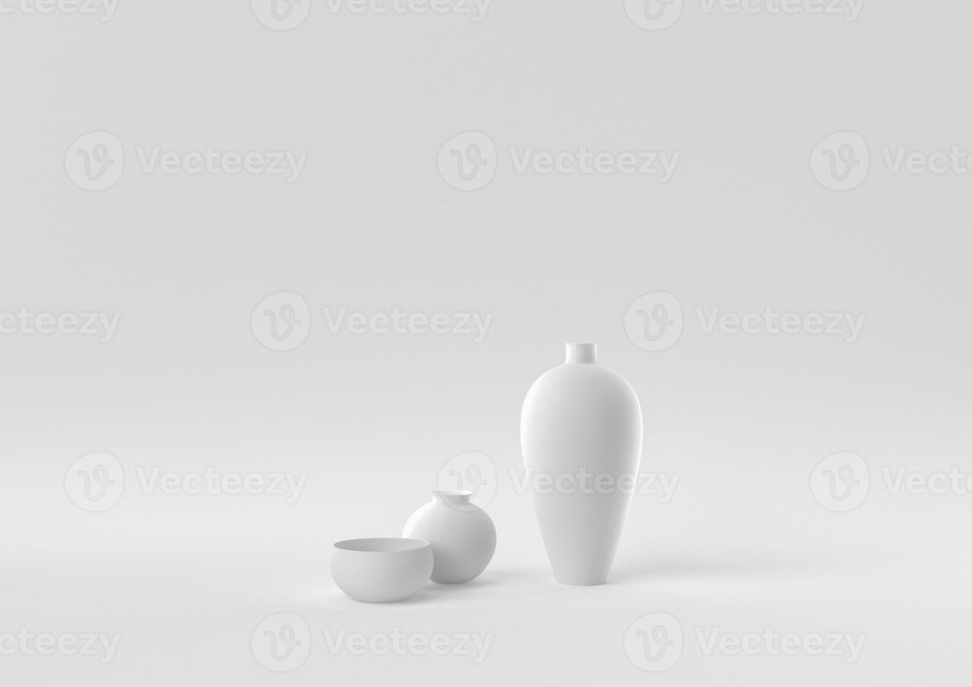 White Vases floating in white background. minimal concept idea creative. monochrome. 3D render. photo