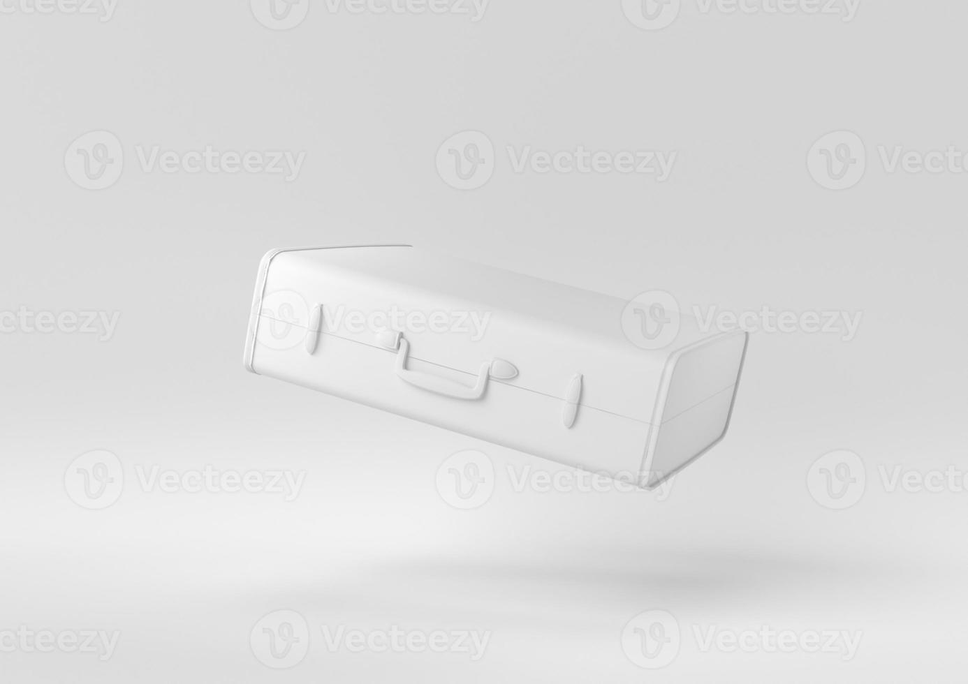 White Travel Suitcase floating in white background. minimal concept idea creative. monochrome. 3D render. photo