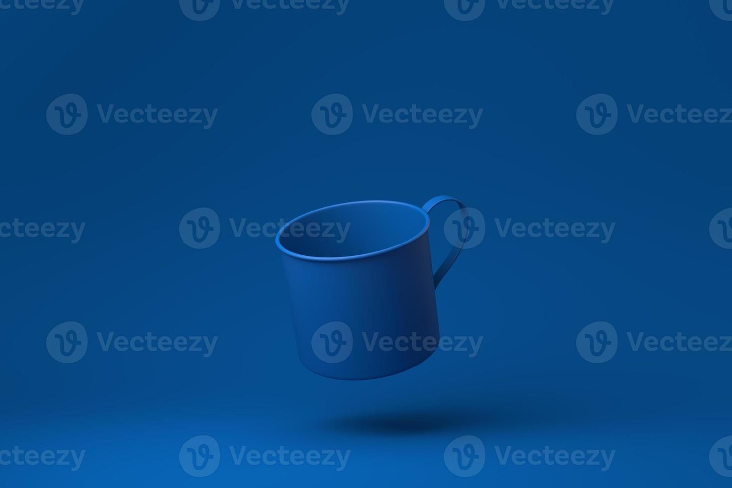 tazas azules o taza de café flotando en fondo azul. idea de concepto mínimo creativo. monocromo. procesamiento 3d foto