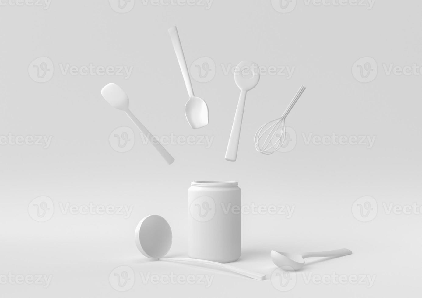 White Kitchen utensils and baking ingredients floating in white background. minimal concept idea creative. monochrome. 3D render. photo