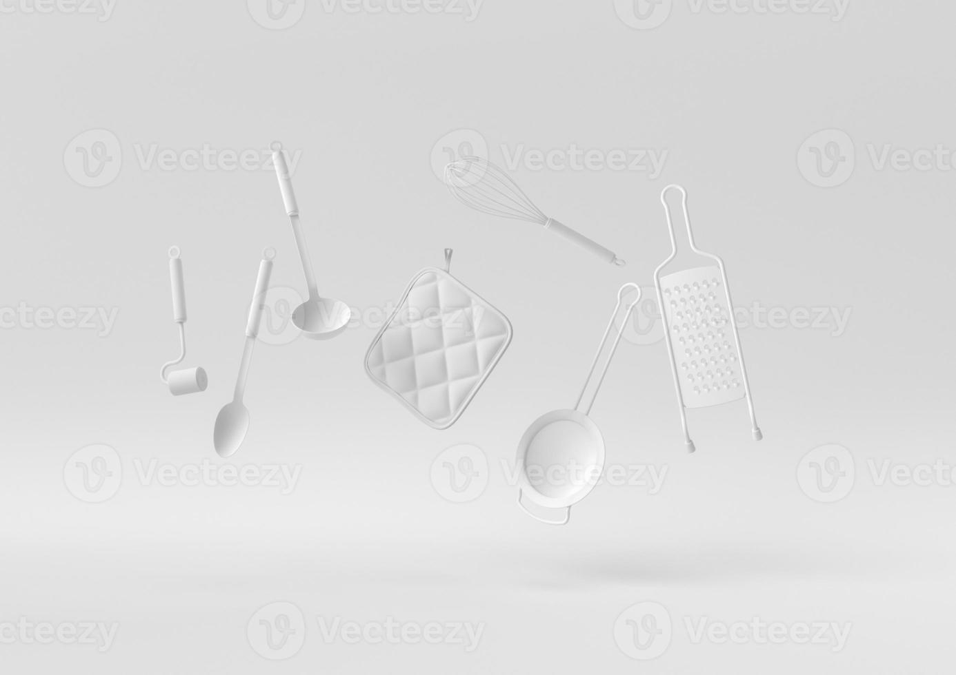 White Cooking utensils floating in white background. minimal concept idea creative. monochrome. 3D render. photo