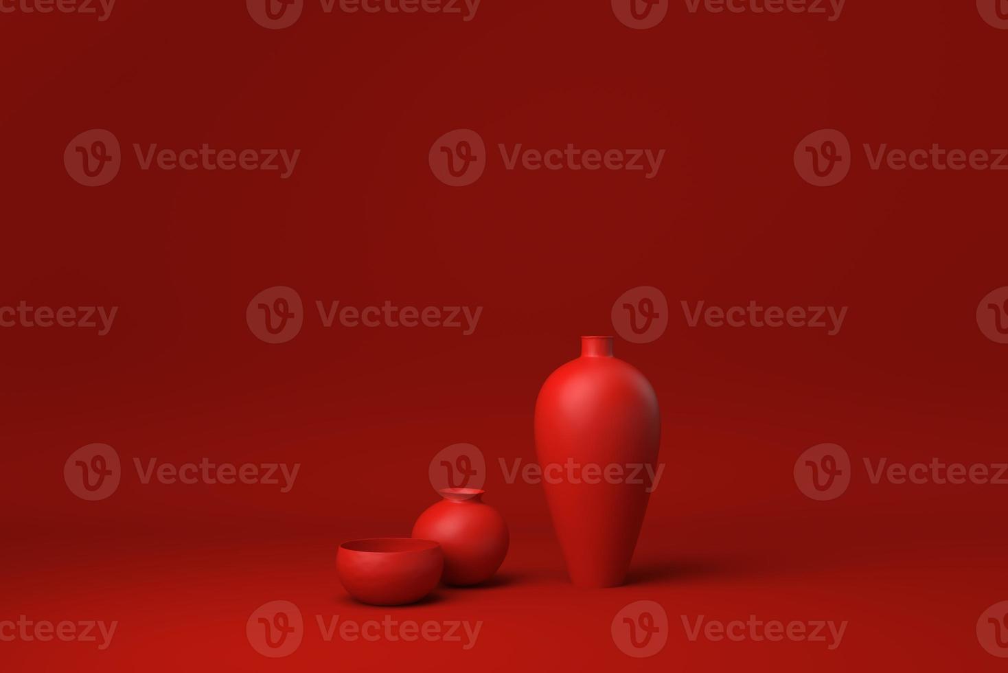 Red Vases floating in Red background. minimal concept idea creative. monochrome. 3D render. photo