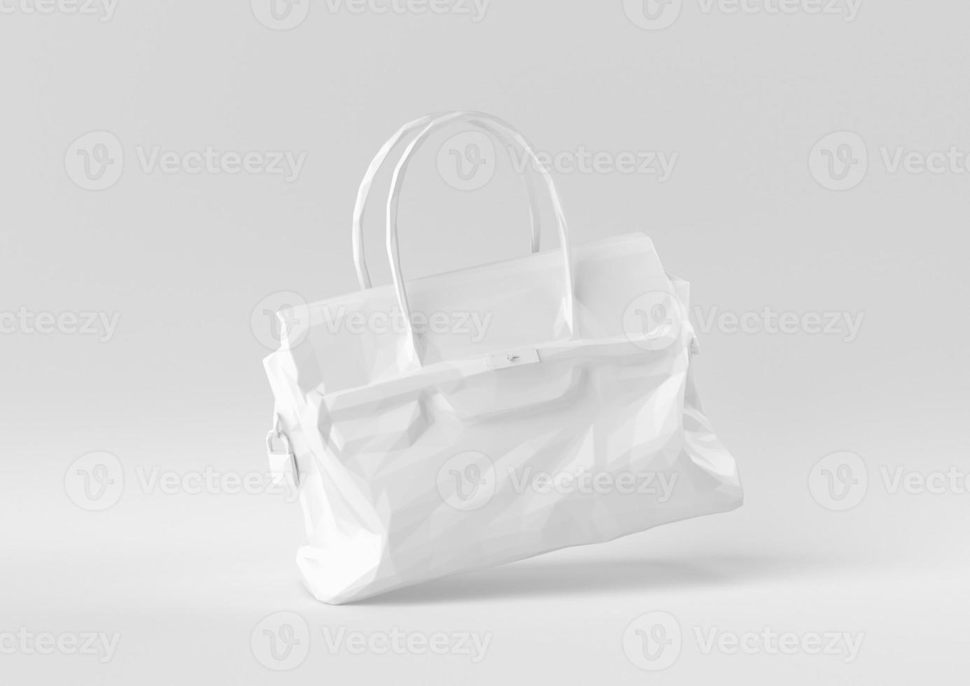 bolso blanco mujer accesorios de moda flotando en fondo blanco. idea de concepto mínimo creativo. estilo origami. procesamiento 3d foto