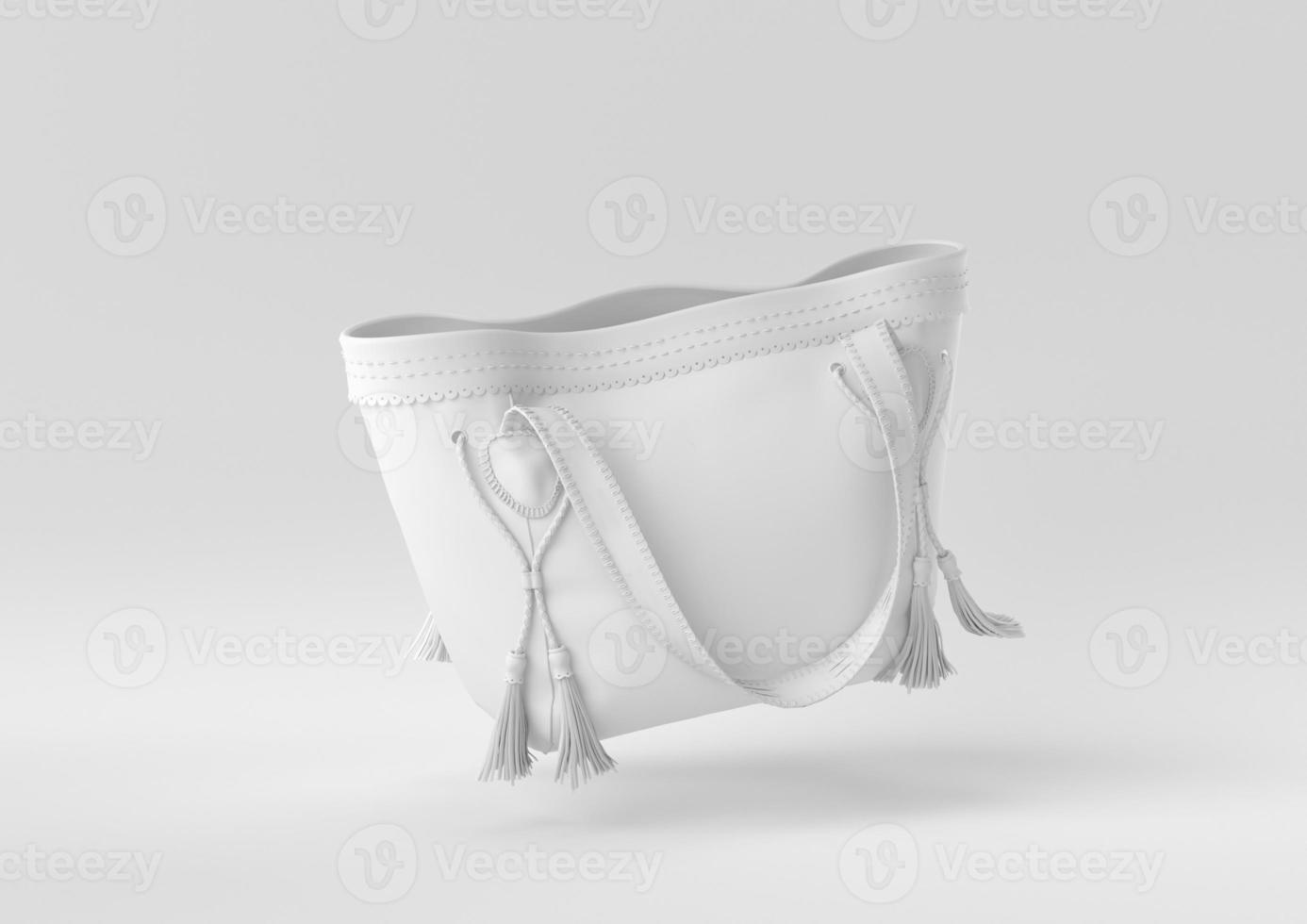 bolso blanco mujer accesorios de moda flotando en fondo blanco. idea de concepto mínimo creativo. procesamiento 3d foto