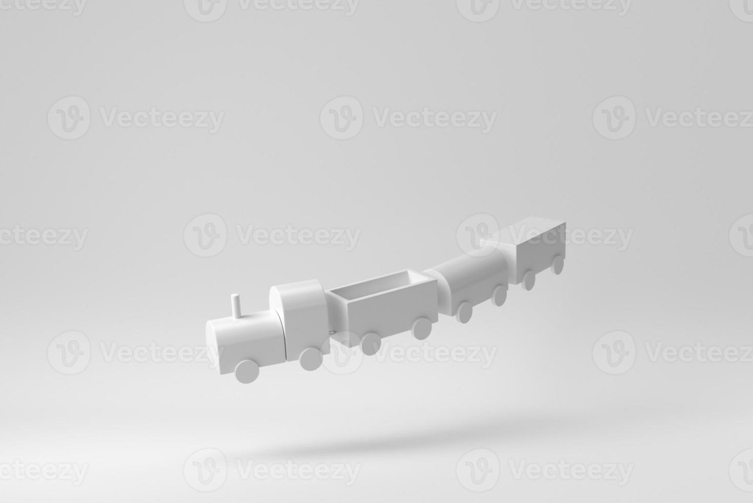 Wooden toy train on white background. Paper minimal concept. 3D render. photo