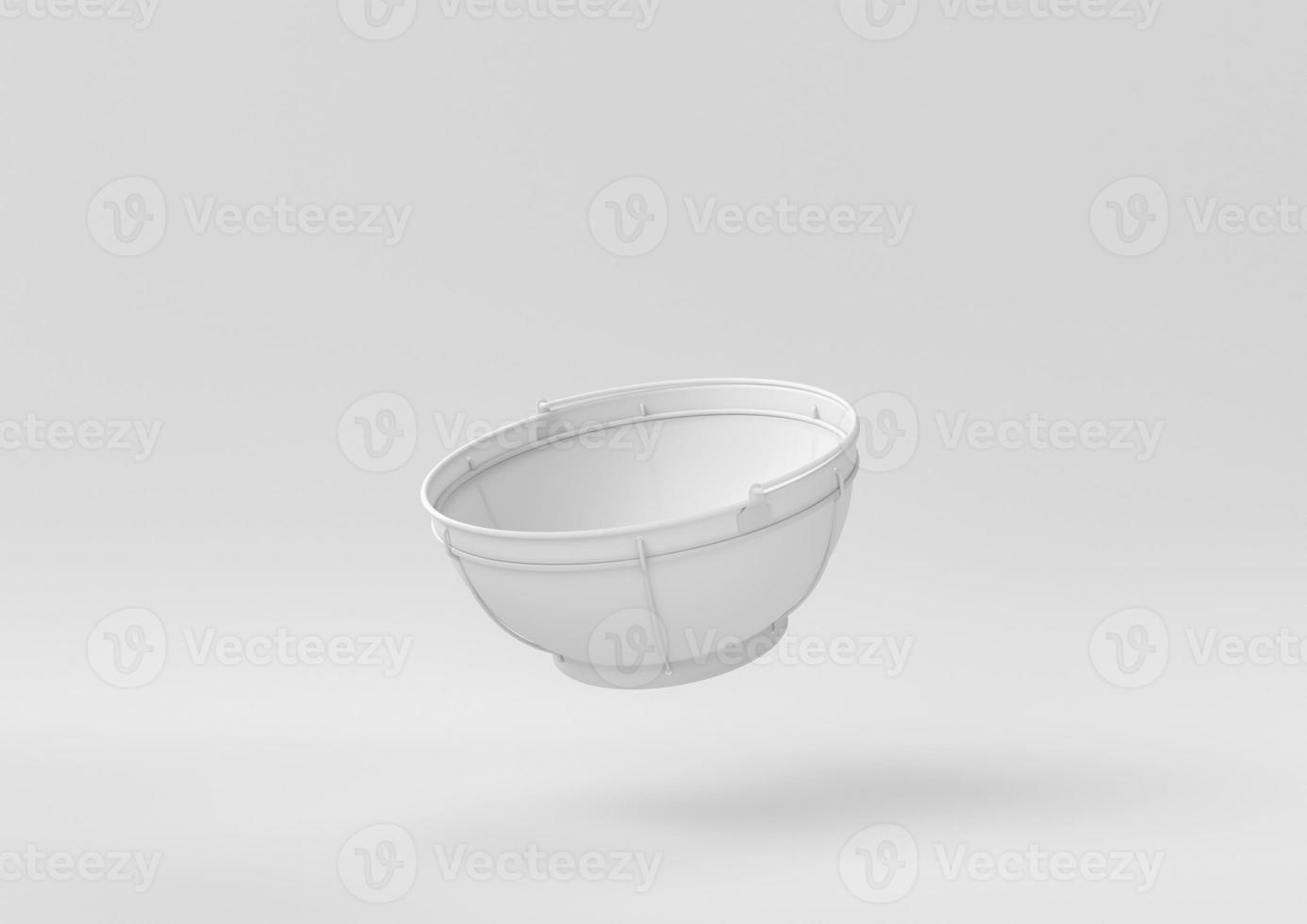 White tainless steel bowl floating in white background. minimal concept idea creative. monochrome. 3D render. photo