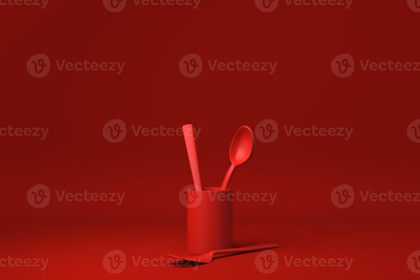 Red Kitchen utensils and baking ingredients floating in Red background. minimal concept idea creative. monochrome. 3D render. photo