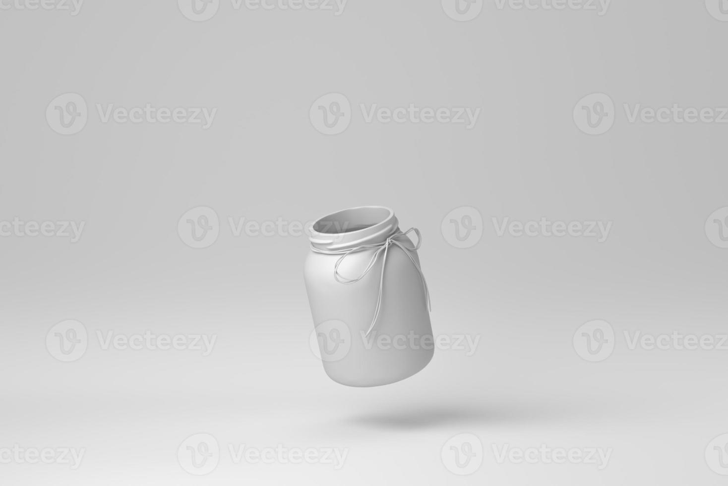 Empty open glass jar isolated with ribbon on white background. minimal concept. monochrome. 3D render. photo
