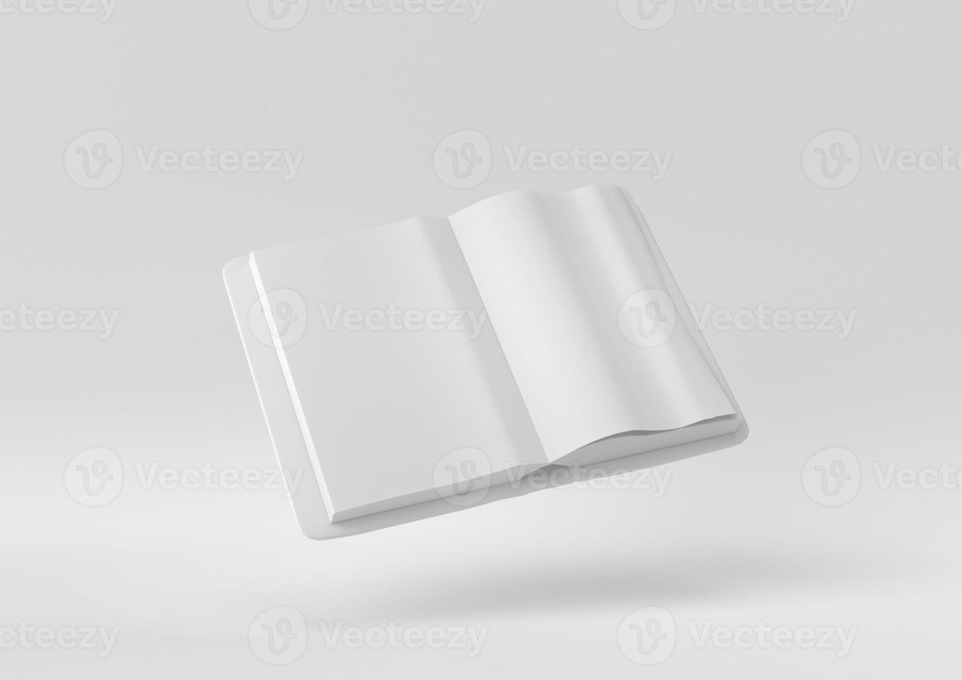 White Blank Open Magazine or Book floating in white background. minimal concept idea creative. monochrome. 3D render. photo