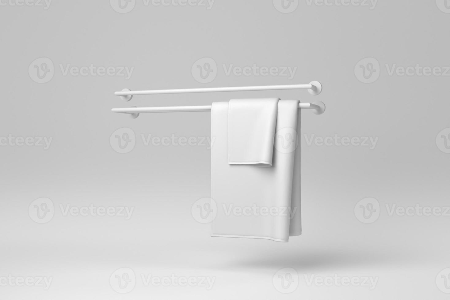 White cotton terry towels hanging on a white background. minimal concept. monochrome. 3D render. photo