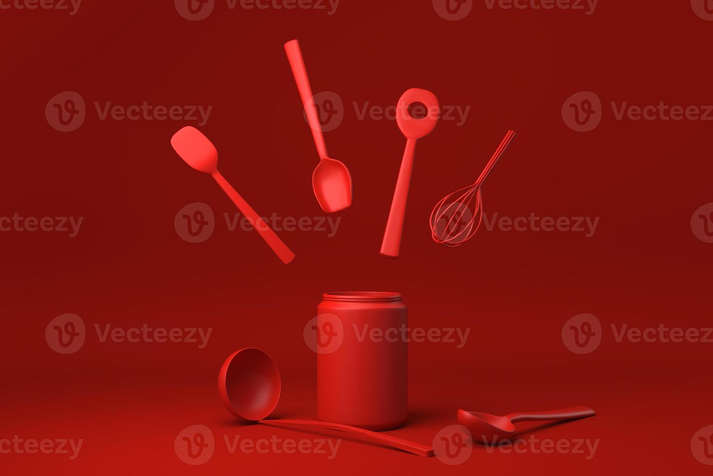 Red Kitchen utensils and baking ingredients floating in Red background. minimal concept idea creative. monochrome. 3D render. photo
