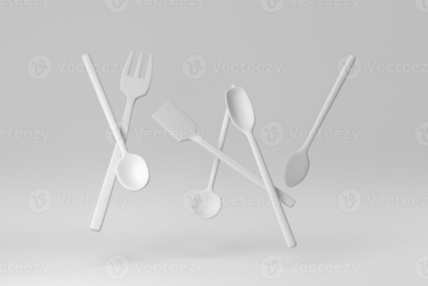 cucharas de madera, espátulas y tenedores sobre fondo blanco. concepto mínimo. procesamiento 3d foto
