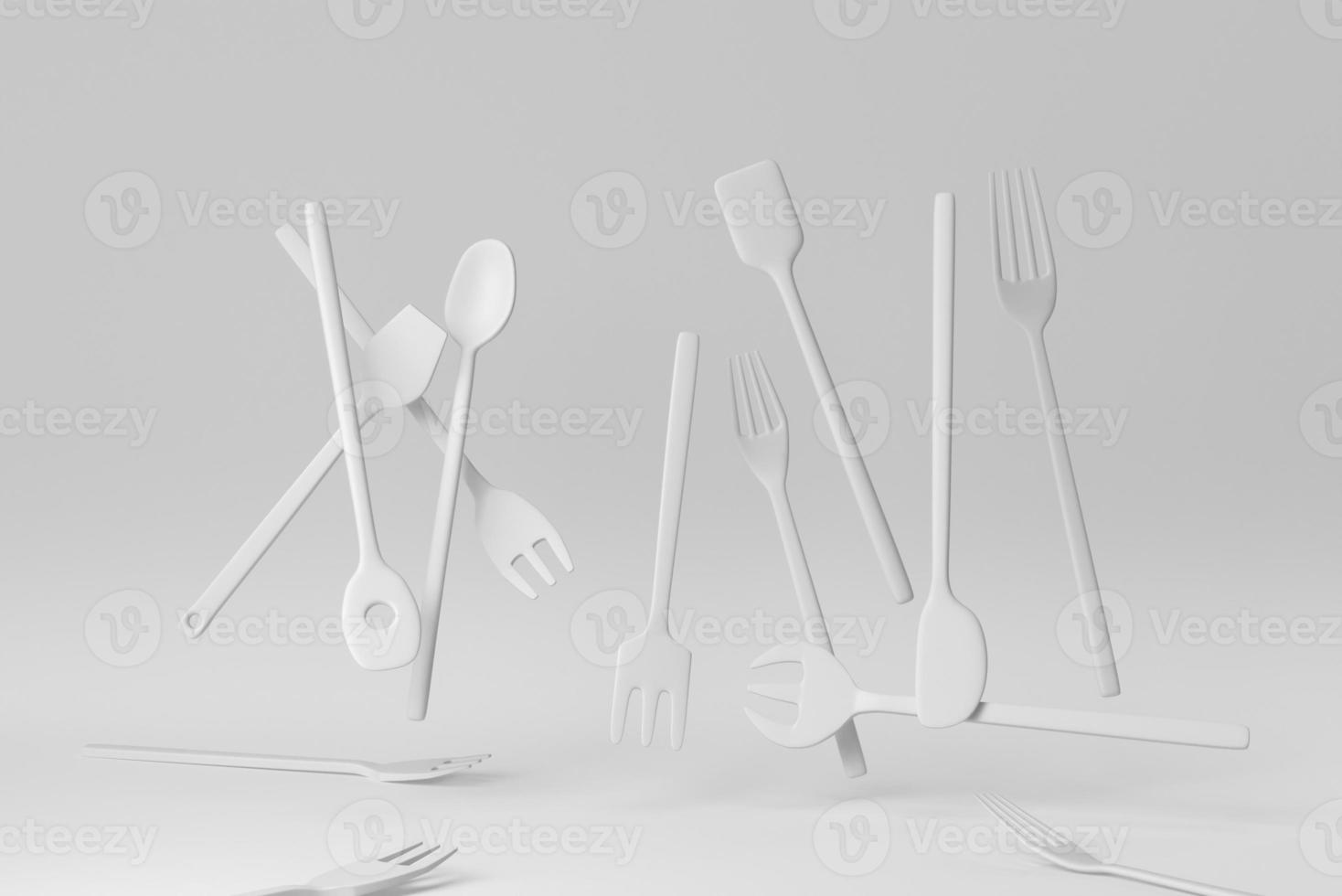 Wooden spoons, spatulas and and forks on white background. minimal concept. 3D render. photo