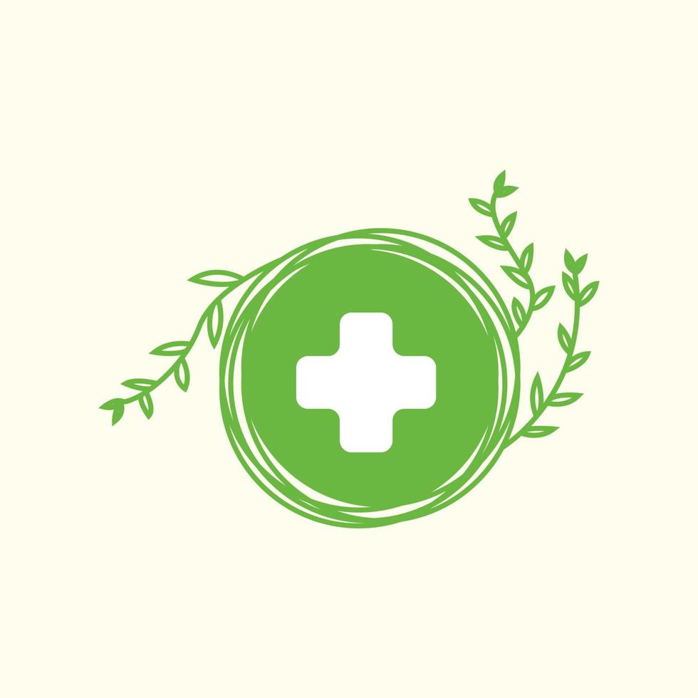 planta de hoja de línea circular con diseño de ilustración de vector de icono de logotipo de cruz de salud médica