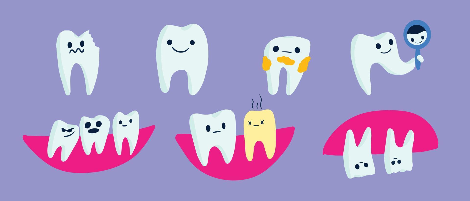 conjunto de dientes de dibujos animados. sarro, diente roto, diente mira en el espejo vector