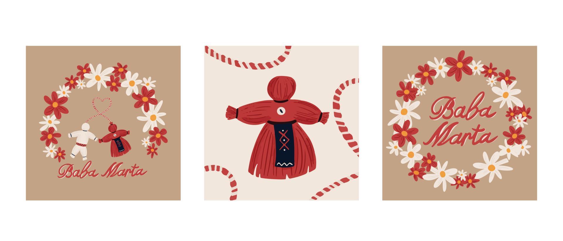 día de baba marta. martenitsa, hilos blancos y rojos, tradición folclórica búlgara, dando la bienvenida a la primavera en marzo, símbolo de adorno, aislado en ilustración vectorial de fondo gris vector