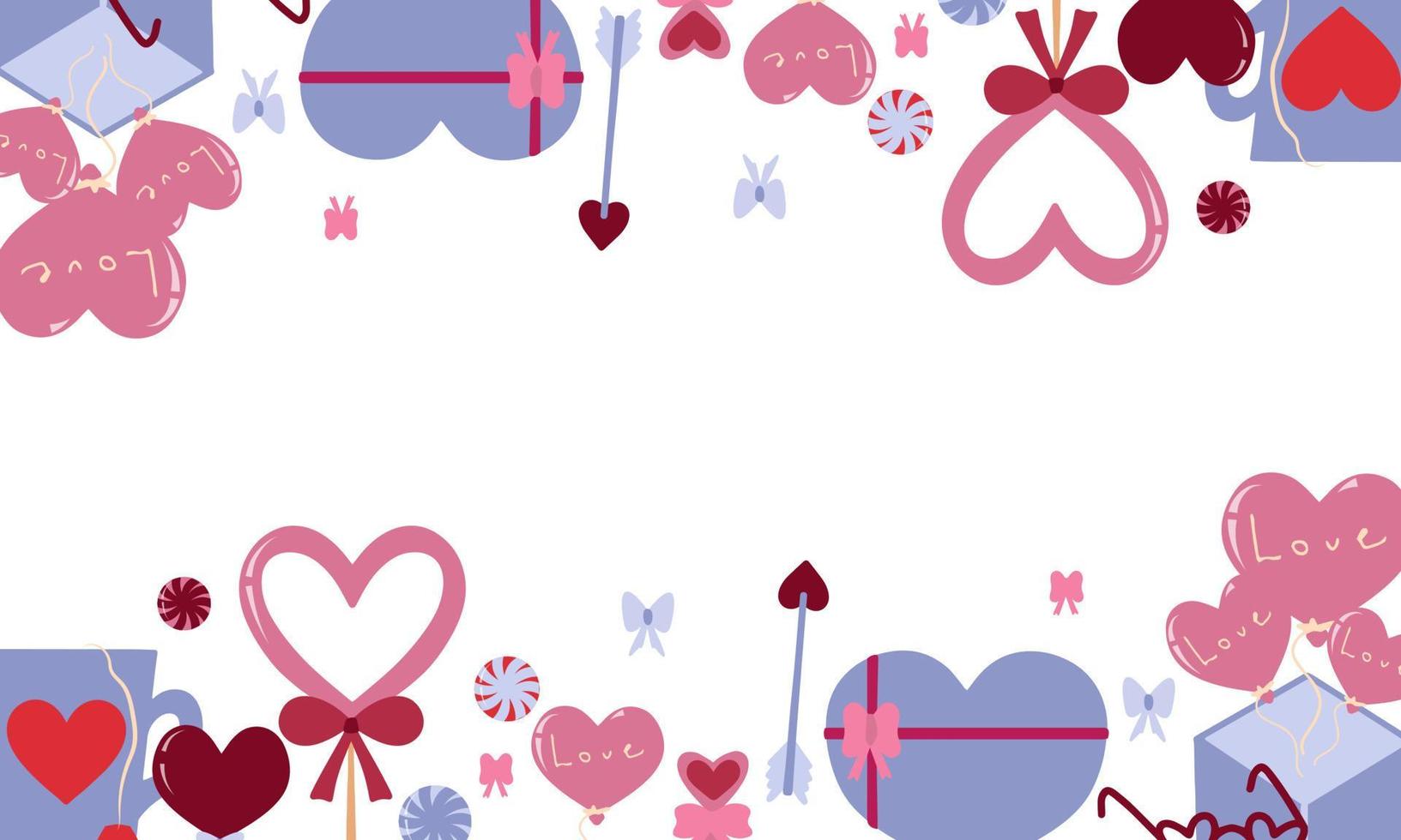 Beautiful banner and poster for Valentines Day February 14. Festive decor. Sweet gifts and ice boxes in the form of a heart. Vector illustration in flat and cartoon style.