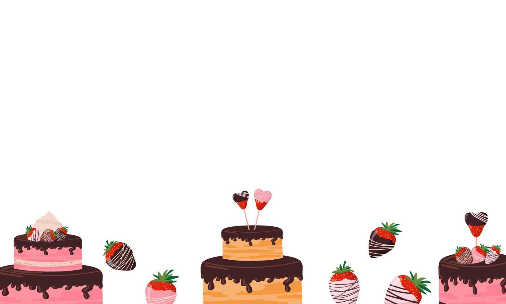 pancarta del día de san valentín con fresas de chocolate, cupcakes, muy sabroso. fresas, pastel de crema, dulces de bayas en un palo en forma de corazón. plano sobre un fondo blanco aislado. vector