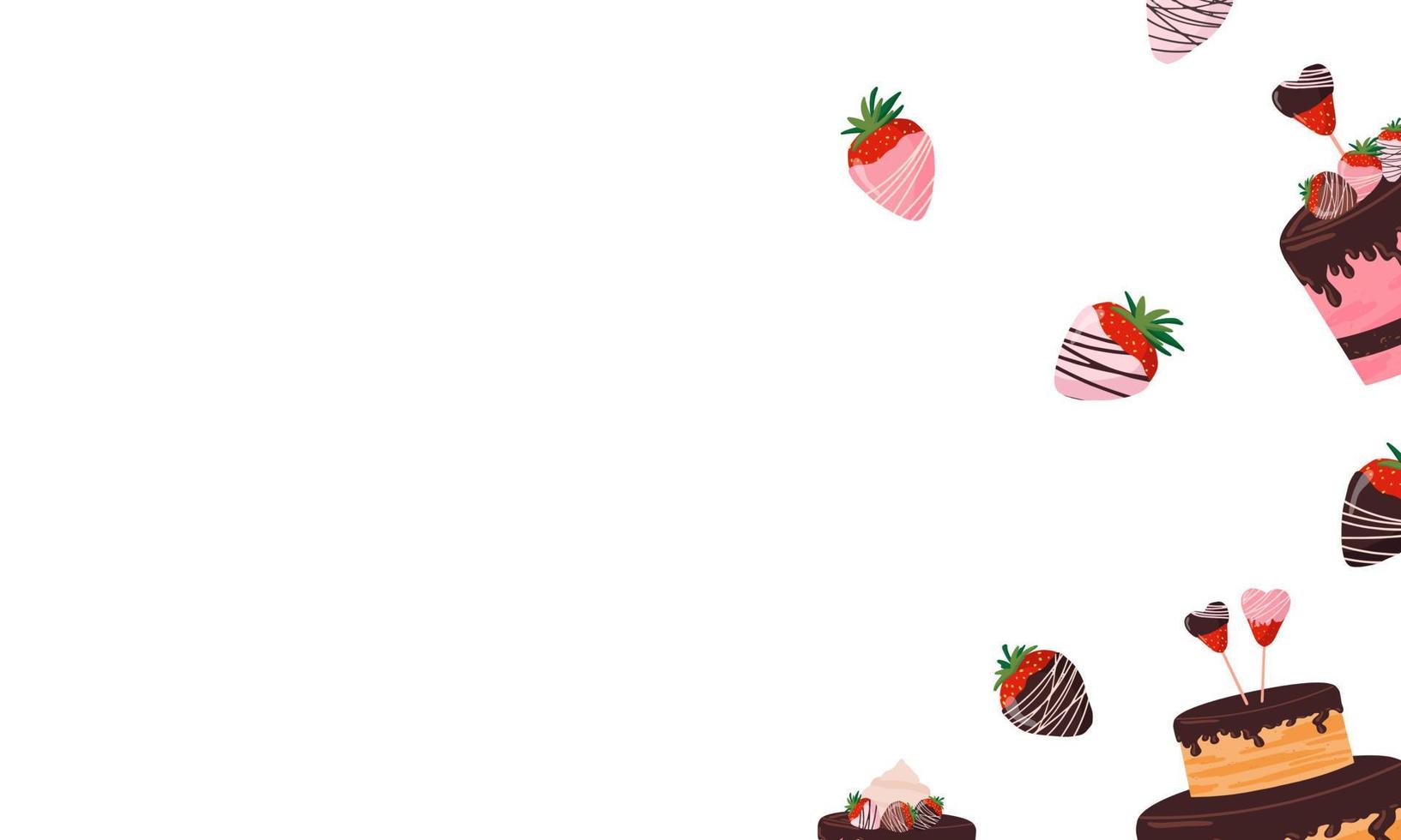 pancarta del día de san valentín con fresas de chocolate, cupcakes, muy sabroso. fresas, pastel de crema, dulces de bayas en un palo en forma de corazón. plano sobre un fondo blanco aislado. vector