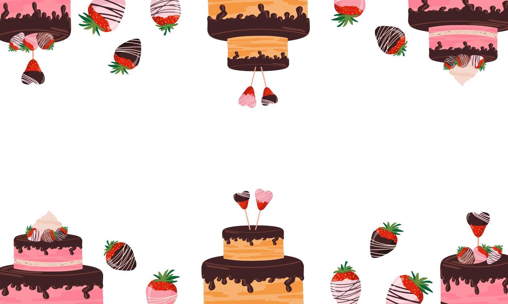 Valentines day banner with chocolate strawberries, cupcakes, very tasty. Strawberries, cream cake, berry candies on a heart-shaped stick. flat on an isolated white background. vector