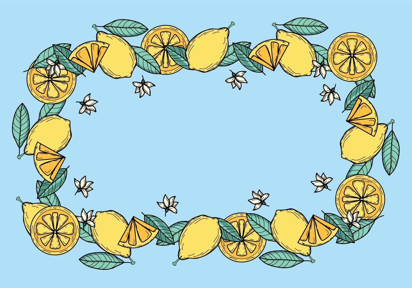 Beautiful background with yellow lemons, green leaves for summer design. Collection of juicy solar decorative elements. Fresh fruit, vitamin C. Modern design. Banner, postcard, signboard, decoration vector