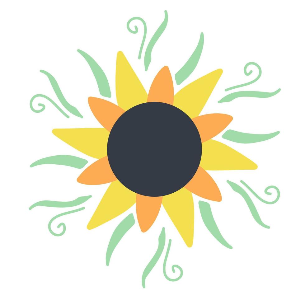 flor de verano amarilla, flor soleada, silueta de girasol en un estilo plano, ilustración de dibujos animados, icono en un fondo blanco aislado, ilustración vectorial, impresión vector