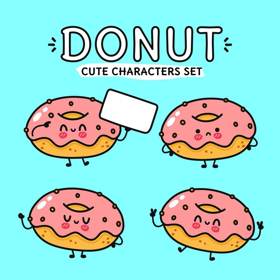 Funny cute happy Donut characters bundle set. Vector kawaii line cartoon style illustration. Cute Donut mascot character collection