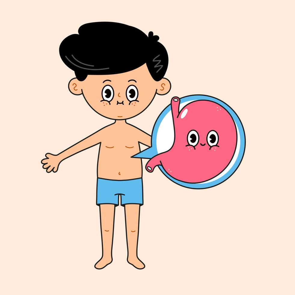 Man with stomach icon in a bubble. Vector hand drawn doodle style traditional cartoon vintage, retro character illustration icon design. Cute boy and stomach mascot character