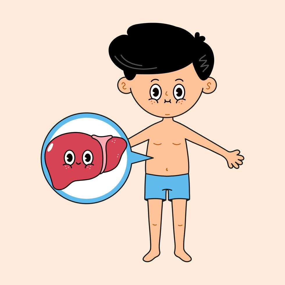 Man with liver icon in a bubble. Vector hand drawn doodle style traditional cartoon vintage, retro character illustration icon design. Cute boy and liver mascot character